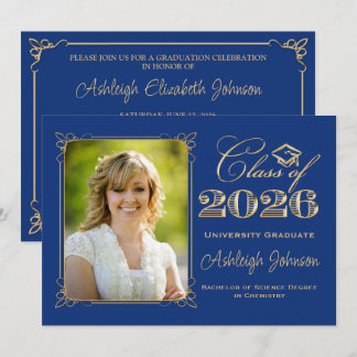 Royal Blue, Gold Class of 2026 Photo Graduation Invitation