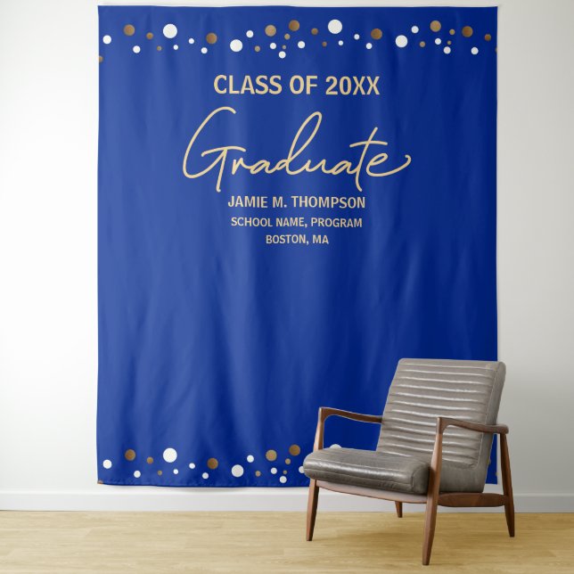 Royal Blue Gold Class of Grad backdrop graduation Tapestry (In Situ)