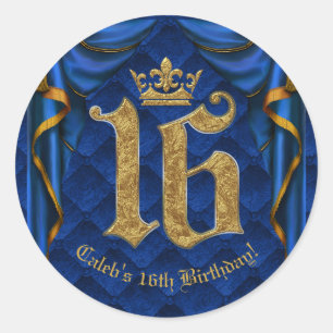 Royal Blue & Gold Crown 16 16th Birthday Party  Classic Round Sticker