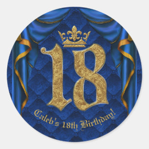 Royal Blue & Gold Crown 18 18th Birthday Party   Classic Round Sticker