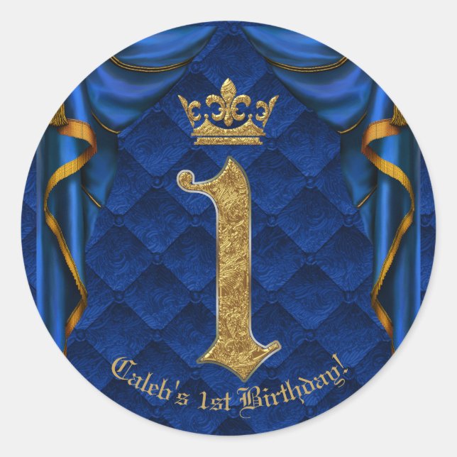 Royal Blue & Gold Crown 1 1ST Birthday Party Classic Round Sticker (Front)