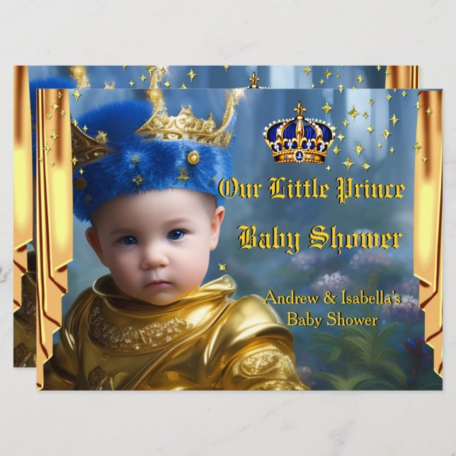Royal Blue Gold Crown Drapes Prince Baby Shower Invitation (Front/Back)