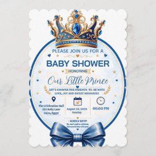 Royal Blue Gold Crown Little Prince Baby Shower In Invitation