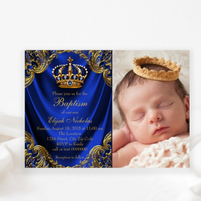 Royal Blue Gold Crown Little Prince Baptism Invitation (Creator Uploaded)