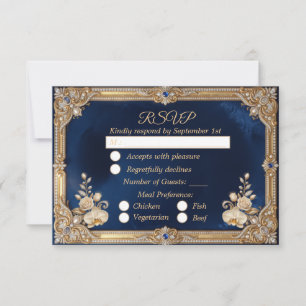 Royal Blue Gold Crown Pearl Elegant Luxury RSVP Card