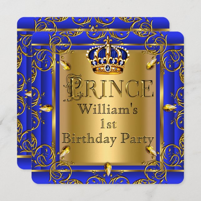 Royal Blue Gold Crown Prince 1st Birthday Boys 2 Invitation (Front/Back)