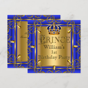 Royal Blue Gold Crown Prince 1st Birthday Boys 2 Invitation