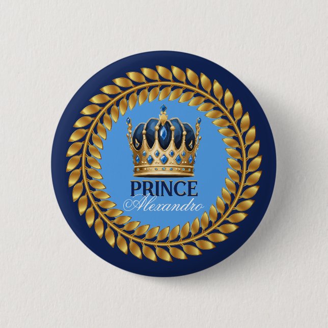 Royal Blue Gold Crown Prince Baby Shower/Birthday 6 Cm Round Badge (Front)