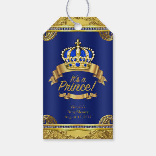 Royal Blue Gold Crown Prince Baby Shower Gift Tags