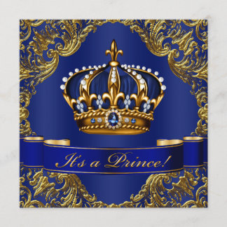 Royal Blue Gold Crown Prince Baby Shower Invitation