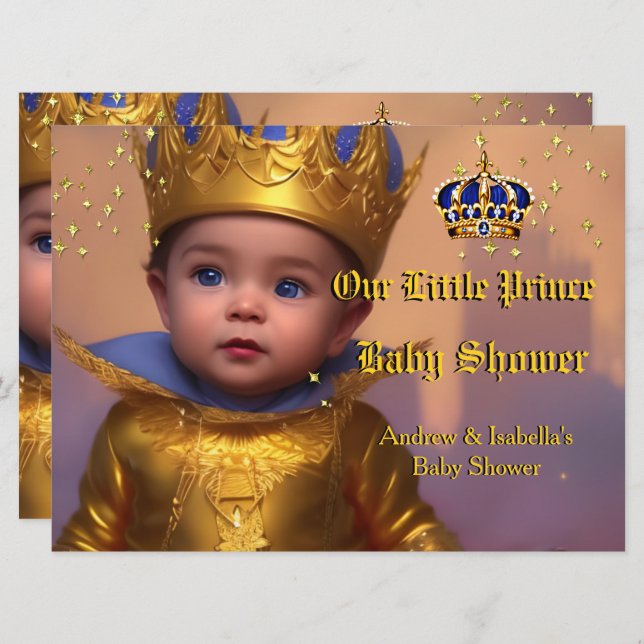 Royal Blue Gold Crown Prince Baby Shower Invitation (Front/Back)