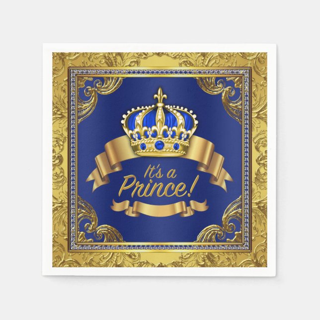 Royal Blue Gold Crown Prince Baby Shower Napkin (Front)