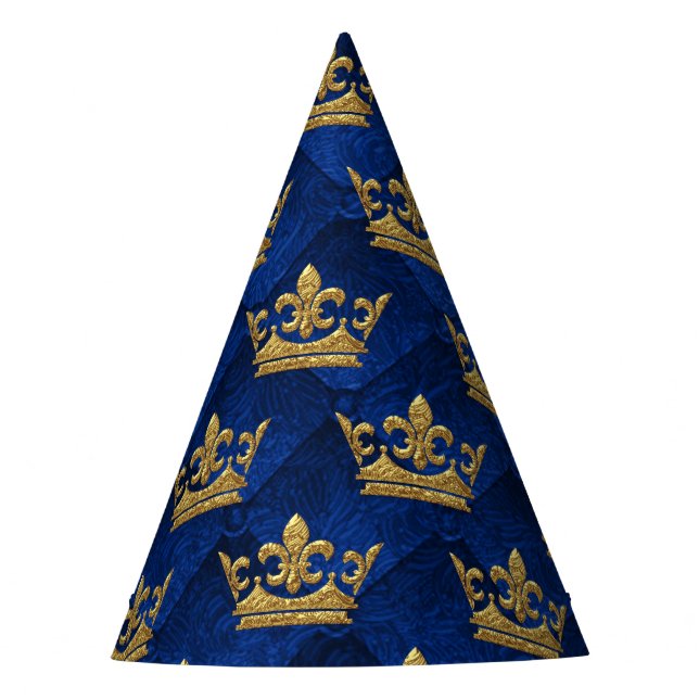 Royal Blue & Gold Crown Prince Birthday Party Party Hat (Front)