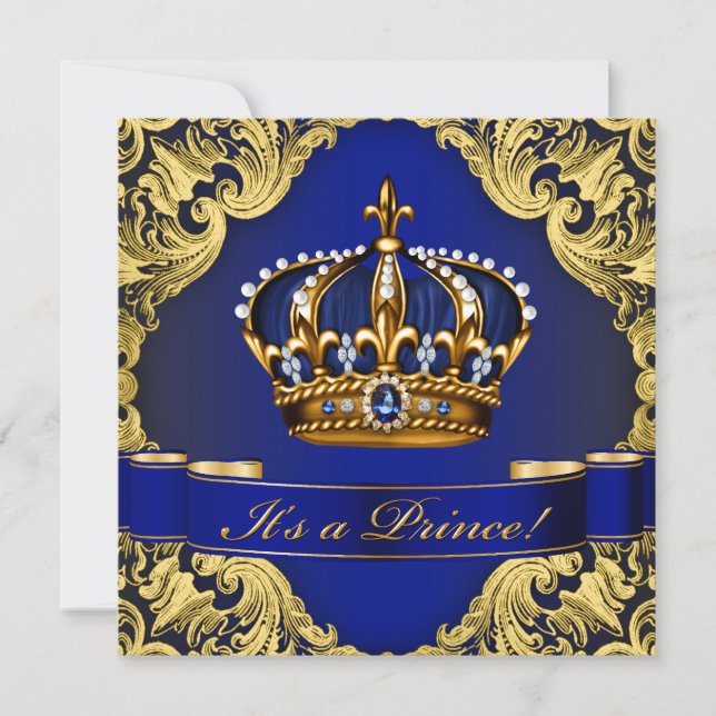 Royal Blue Gold Crown Prince Boy Baby Shower Invitation (Front)