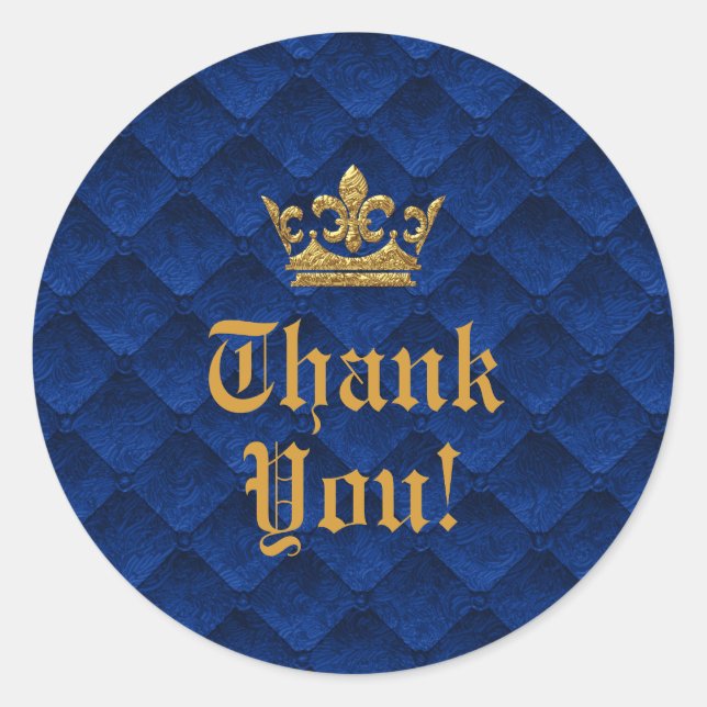 Royal Blue & Gold Crown Storybook Wedding Favour Classic Round Sticker (Front)