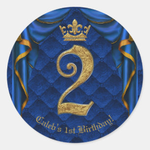 Royal Blue & Gold Crown Two 2 2ND Birthday Party  Classic Round Sticker