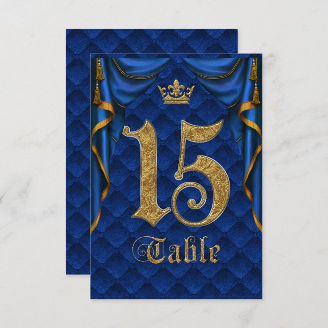 Royal Blue Gold Crown Wedding Table Number 15 (Front/Back)