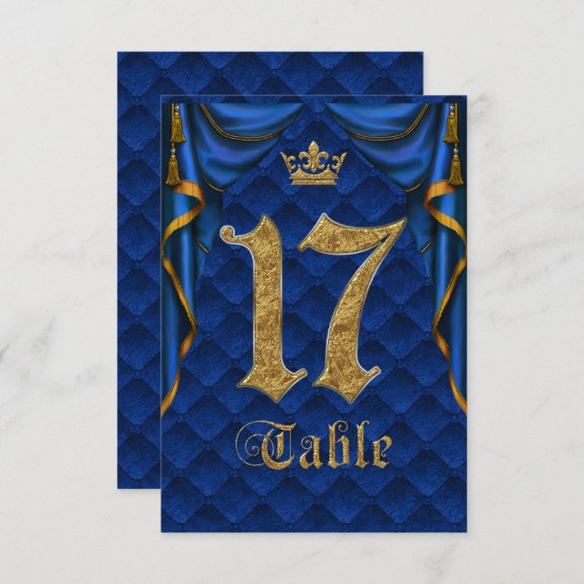 Royal Blue Gold Crown Wedding Table Number 17 (Front/Back)