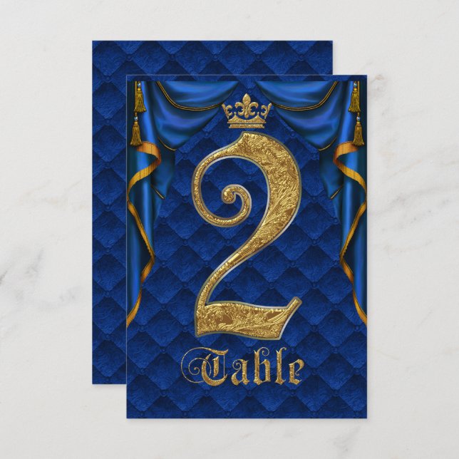 Royal Blue Gold Crown Wedding Table Number 2 (Front/Back)