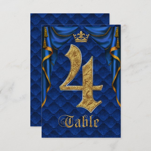 Royal Blue Gold Crown Wedding Table Number 4 (Front/Back)