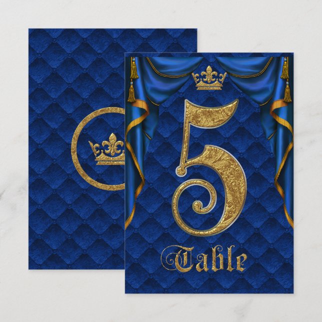Royal Blue Gold Crown Wedding Table Number 5 (Front/Back)