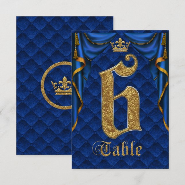 Royal Blue Gold Crown Wedding Table Number 6 (Front/Back)