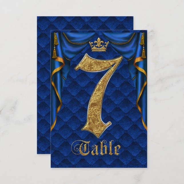 Royal Blue Gold Crown Wedding Table Number 7 (Front/Back)