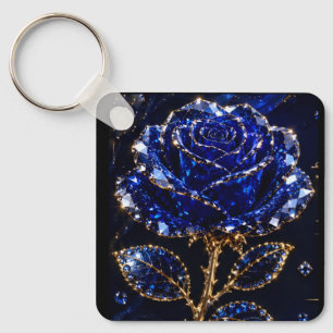 Royal Blue Gold Crystal Rose Key Ring