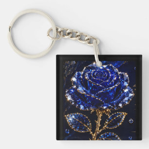 Royal Blue Gold Crystal Rose Key Ring