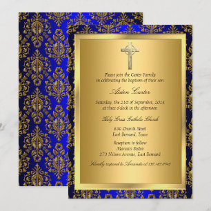 Royal Blue & Gold Damask Cross Baptism Invite