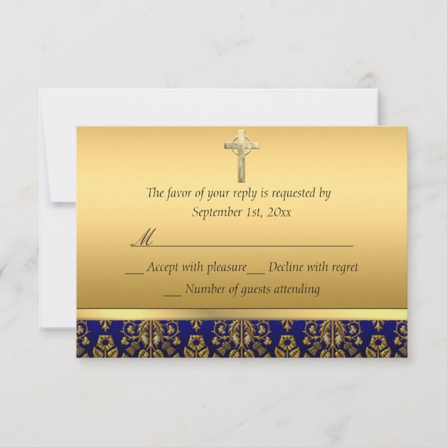 Royal Blue & Gold Damask Cross Baptism RSVP (Front)