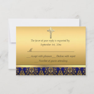 Royal Blue & Gold Damask Cross Baptism RSVP