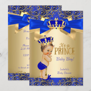 Royal Blue Gold Damask Prince Baby Shower Brunette Invitation