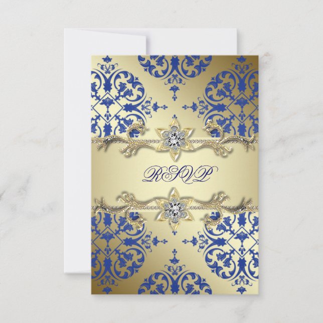 Royal Blue Gold Damask RSVP (Front)