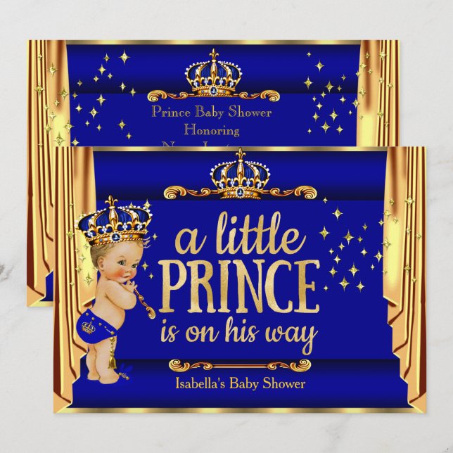 Royal Blue Gold Drapes Prince Baby Shower Blonde Invitation (Front/Back)