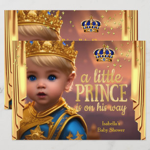 Royal Blue Gold Drapes Prince Baby Shower Blonde Invitation