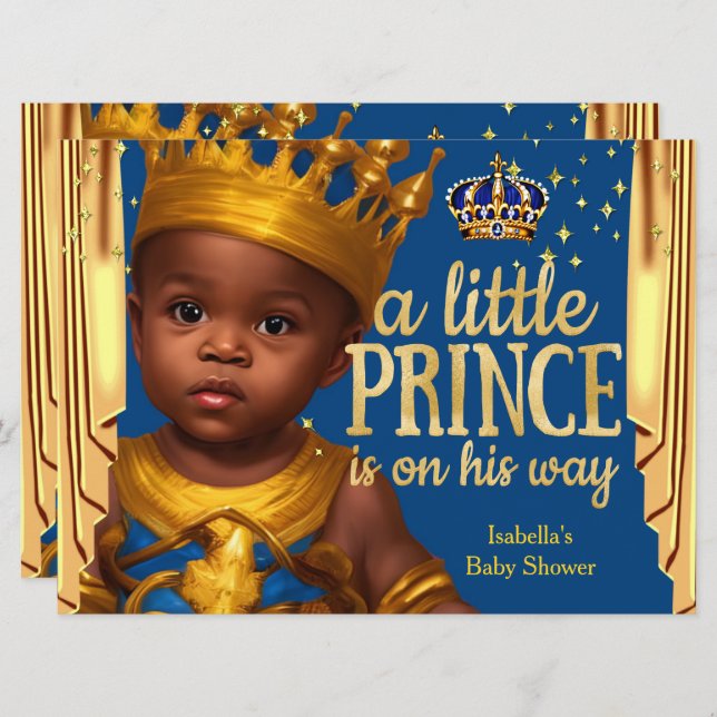 Royal Blue Gold Drapes Prince Baby Shower Ethnic Invitation (Front/Back)