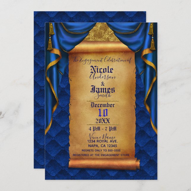 Royal Blue & Gold Drapes Scroll Engagement Party Invitation (Front/Back)