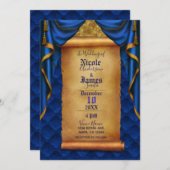 Royal Blue & Gold Drapes Scroll Wedding Invitation (Front/Back)
