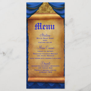 Royal Blue Gold Drapes Scroll Wedding Menu