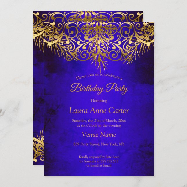 Royal Blue Gold elegant Birthday Party Invitation (Front/Back)