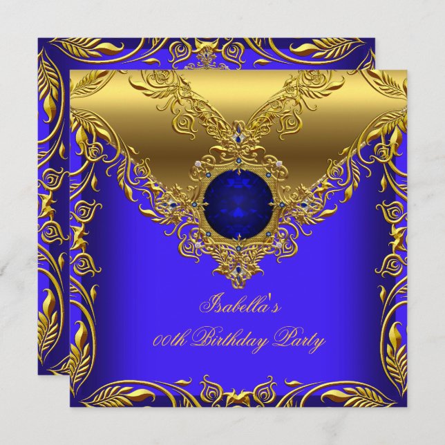 Royal Blue Gold Elegant Elite Birthday Party 2 Invitation (Front/Back)