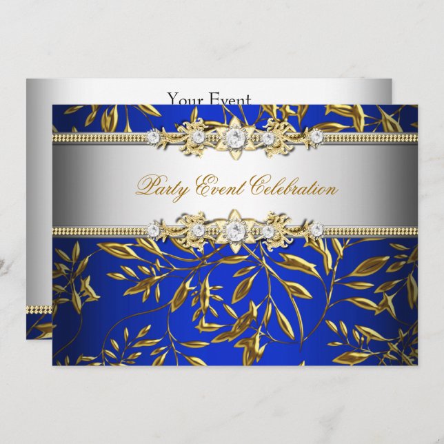 Royal Blue Gold Embossed Look Elegant Party Invitation (Front/Back)