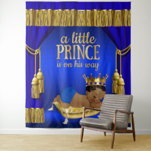 Royal Blue Gold Ethnic Prince Baby Shower Backdrop Tapestry