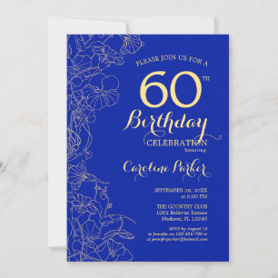 Royal Blue Gold Floral 60th Birthday Invitation
