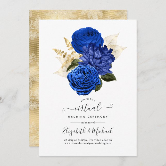 Royal Blue & Gold Floral and Lace Virtual Wedding Invitation (Front/Back)