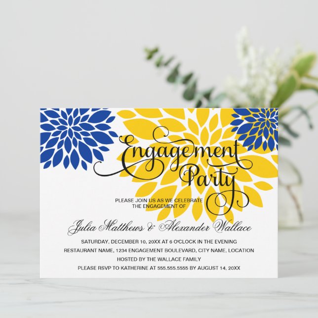 Royal Blue Gold Floral Burst Engagement Party Invitation (Standing Front)