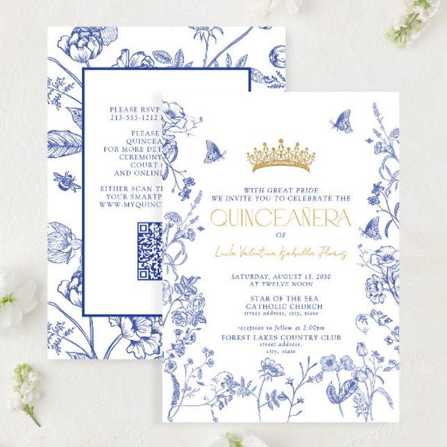 Royal Blue Gold Floral Butterfly QR Quinceañera Invitation (Creator Uploaded)
