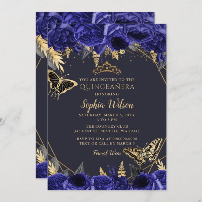 Royal Blue Gold Floral Butterfly Quinceañera Invitation (Front/Back)