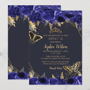 Royal Blue Gold Floral Butterfly Sweet 16 Invitation